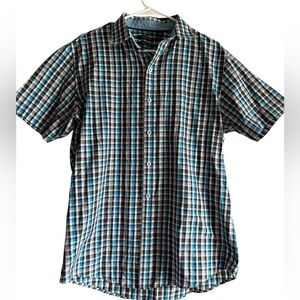 Van Heusen Men's S/S teal/grey/wh/blk Plaid Button Down Shirt, Sz M 15-15.5
